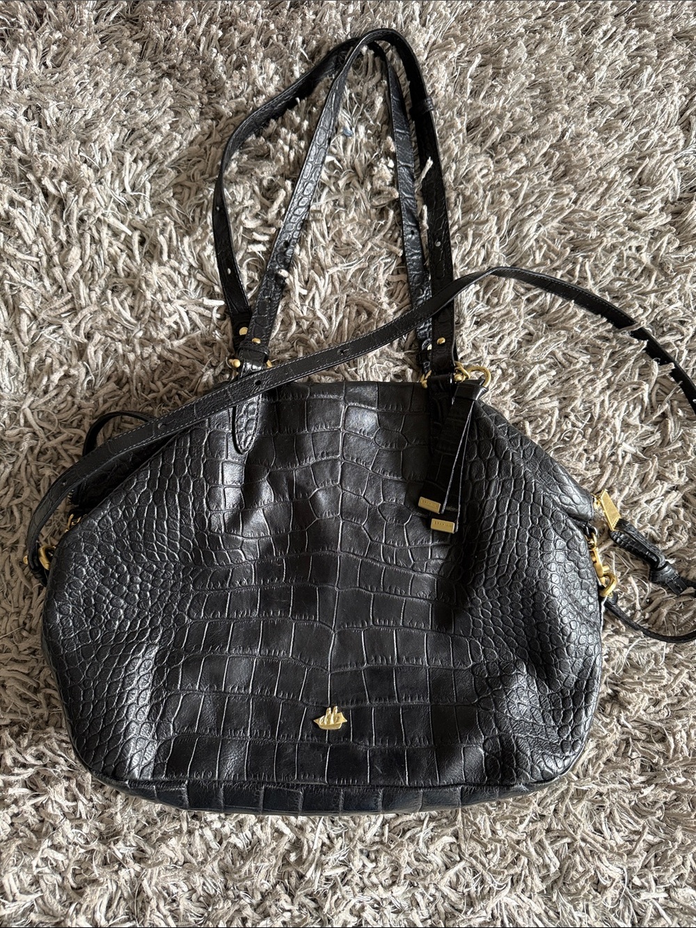 Brahmin Black Croc-Embossed Crossbody Tote with Gold Accents